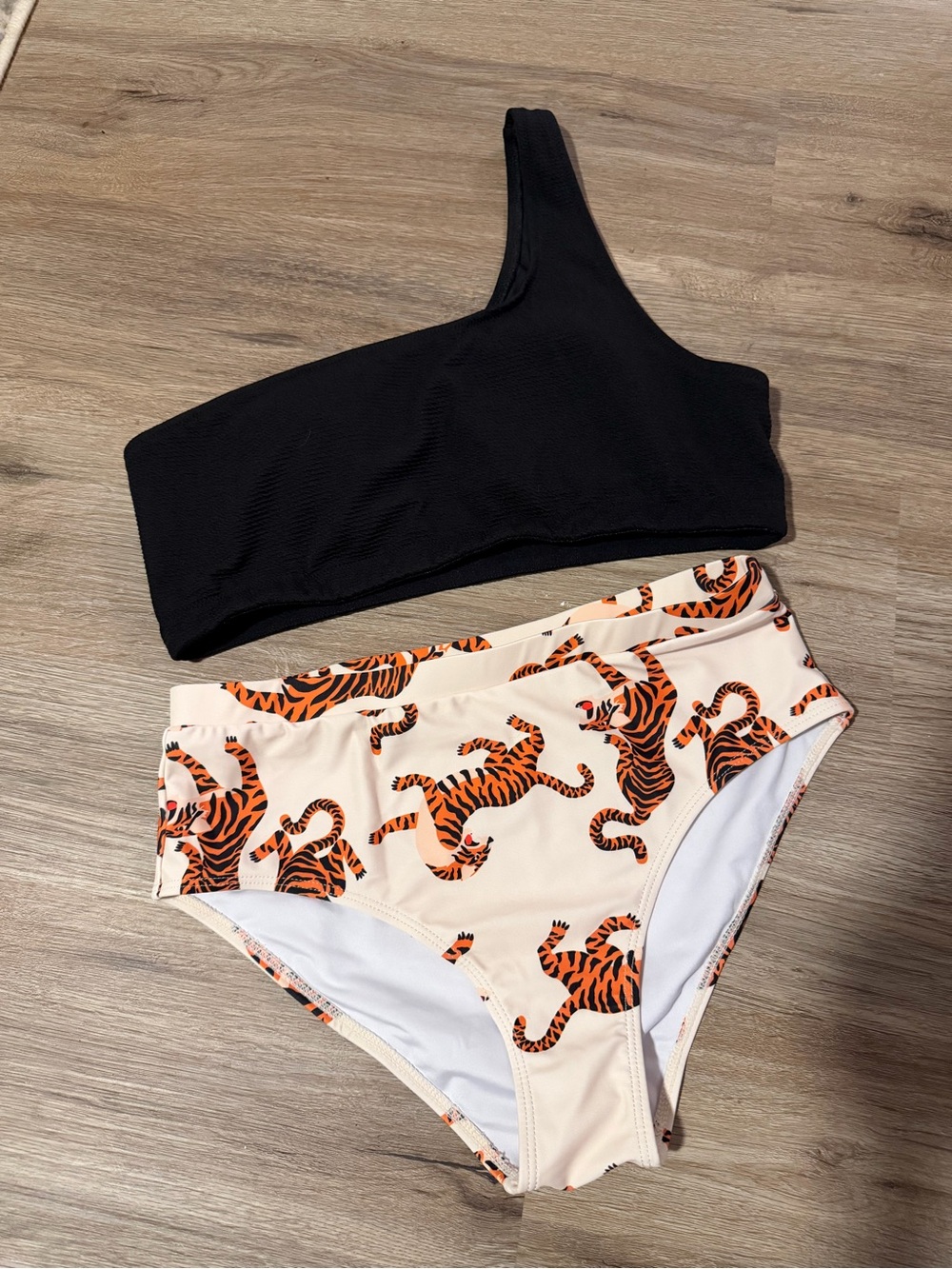 One-Shoulder Black Bikini Top with Cream Tiger Print High-Waist Bottoms